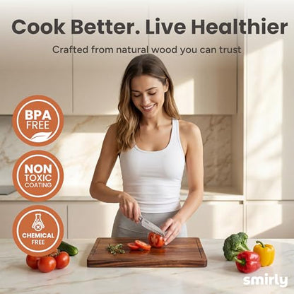 SMIRLY Walnut Cutting Board for Kitchen - Wood Cutting Boards with Handle and Juice Groove for Meal Prep, Serving, Charcuterie - Kitchen Gadgets - Non Toxic Wooden Chopping Board Set of 3 with Holder
