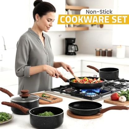 KICHLY Granite Pots and Pans Set Non Stick 8 Piece Cookware Set, Induction Frying Pans, Saucepan with Lids, Induction Compatible Cookware, PFOA-Free Non-Stick Cooking Set, Black