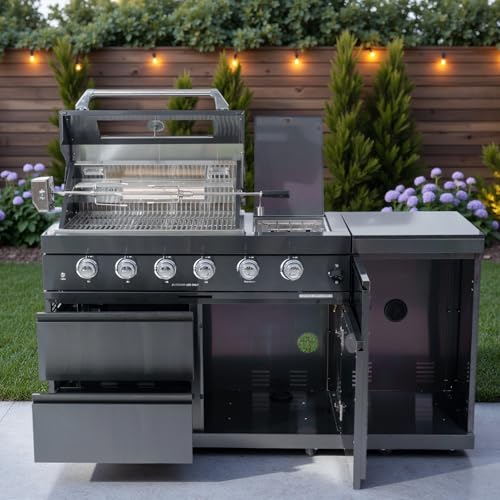 Alimtois BBQ Island Outdoor Kitchen: 46-Inch 4-Burner 72000 BTU Modular Outdoor Grill Islands + Side Burner + Rotisserie + Granite Countertops for Backyard Family Gatherings Small Business
