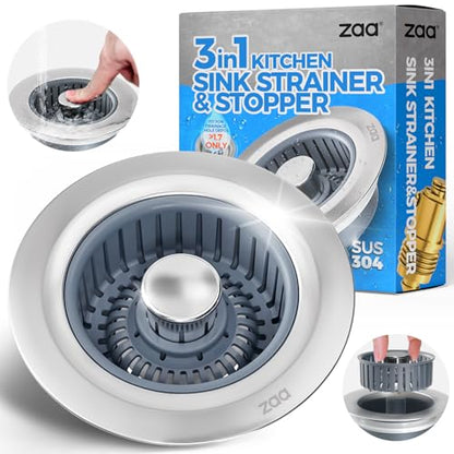 Sink Drain Strainer - Sink Stopper Kitchen Drain, 3 in 1 Kitchen Sink Drain Strainer with Anti-Clogging Basket, Kitchen Gadgets Clearance Sink Accessories, Fit US Standard 3-1/2'' Sink Hole, Silver