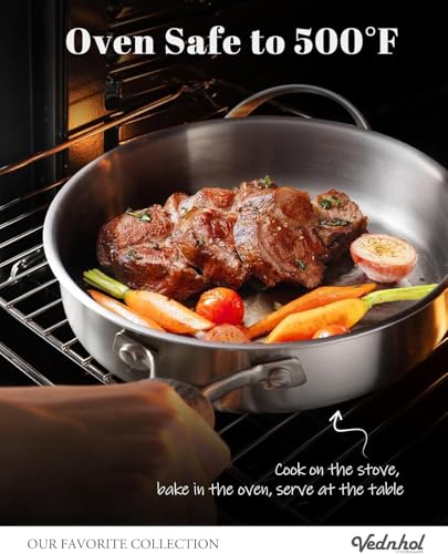 VEDNHOL Stainless Steel Saute Pan with Stainless Steel Lid 7-Quart,13-Inch Deep Skillet,Dishwasher&Oven Safe,Induction&All Stove Compatible,Brushed Finish