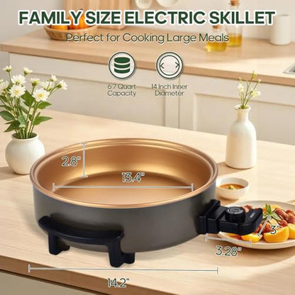 MIOAOTCE 14" Large Electric Skillet with lid, Ceramic Nonstick Coating Electric Frying Pan, 1500W Quick & Even Heating, 5 Adjustable Temperature Control, Tempered Glass Lid & Cool-Touch Handles