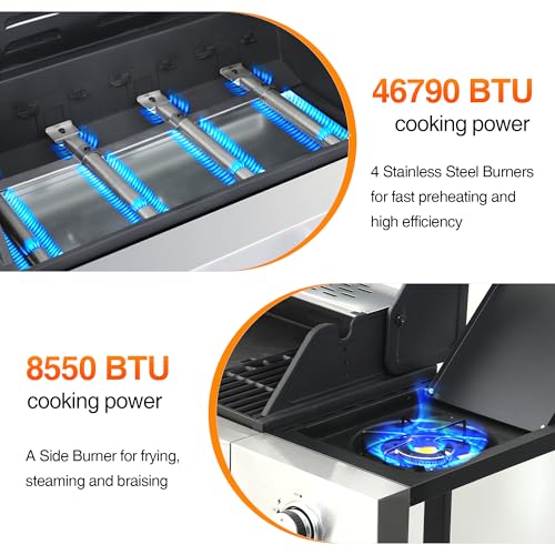 IdeaMaxx Propane Gas Grill 4 Burner, 49,000 BTU Outdoor BBQ Grill with Side Burner, Porcelain Cast Iron Grates & Stainless Steel, Fast Heating for Backyard, Camping, Tailgating