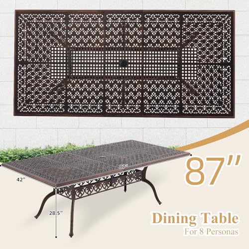 9-Piece Cast Aluminum Outdoor Dining Set, Copper Red Patio Furniture for 8 Includes Unique Strawberry & Leaf 87" Rectangular Outdoor Dining Table and 8 Stackable Chairs with Cushions & Umbrella Hole