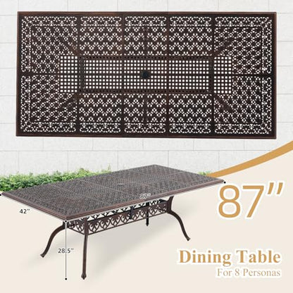 9-Piece Cast Aluminum Outdoor Dining Set, Copper Red Patio Furniture for 8 Includes Unique Strawberry & Leaf 87" Rectangular Outdoor Dining Table and 8 Stackable Chairs with Cushions & Umbrella Hole