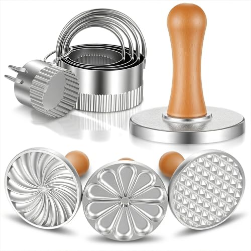 Afcabakila Cookie Stamps Biscuit Cutter Set, 3 Molds Metal Cookie Press And 5 Size Cookies Cutter Set, Zinc Alloy Embossing Stamper With Wooden Handle, Food Grade Stainless Steel Cutters For DIY Baki