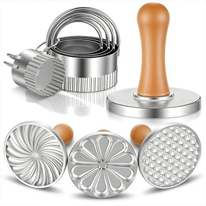 Afcabakila Cookie Stamps Biscuit Cutter Set, 3 Molds Metal Cookie Press And 5 Size Cookies Cutter Set, Zinc Alloy Embossing Stamper With Wooden Handle, Food Grade Stainless Steel Cutters For DIY Baki