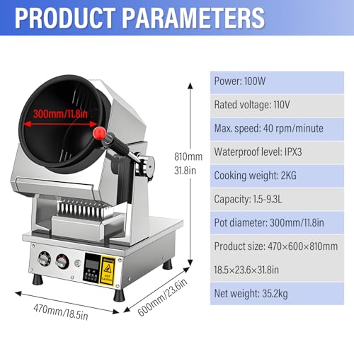 Automatic Stir Fry Machine Countertop LPG Cooker with Water Spray & Drum Design Smart 360° Cooking Machine Capacity 1.5L-9.3L,110V 100W Propane (Countertop)