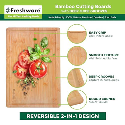 Freshware Wood Cutting Boards for Kitchen - Bamboo Cutting Board Set of 3, Cutting Boards with Juice Grooves, Serving Board Set, Chopping Board for Meat, Veggie, Easy Grip Handle (9x6", 12x8", 15x10")