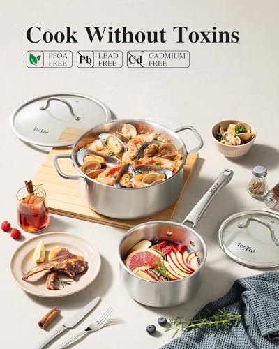 Stainless Steel Cookware Set,Tir-Ply Pots and Pans Set,13 Pcs Stainless Steel Induction Kitchen Cookware Sets,PFOA Free, Frying Pans, Butter warmer,Saute Pan & Stock Pot,Compatible with All Cooktops