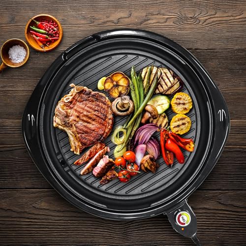 Elite Gourmet EMG-980BX Large Indoor Electric Round Nonstick Grill Cool Touch Fast Heat Up Ideal Low-Fat Meals Dishwasher Safe Includes Glass Lid, 14", Black