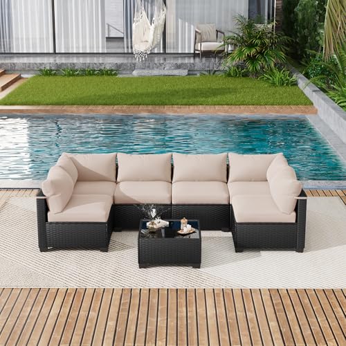 LOUVIXA 7 Piece Outdoor Patio Furniture Set, Outdoor Sectional Sofa, Wicker Rattan Patio Furniture, Patio Conversation Set with Coffee Table & Cushions