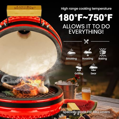 Upgraded 13 inch Ceramic Kamado Grill with Waterproof Air Vent Cap | Portable Tabletop Charcoal BBQ Grill Smoker for Outdoor Cooking, Patio, Camping | Red