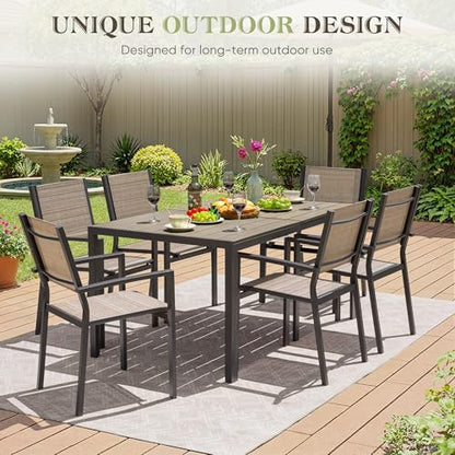 Greesum Patio Dining Set 7 Piece, Outdoor Furniture Textilene Chairs with Large Table, Comfortable for Porch, Pool, Garden, Brown
