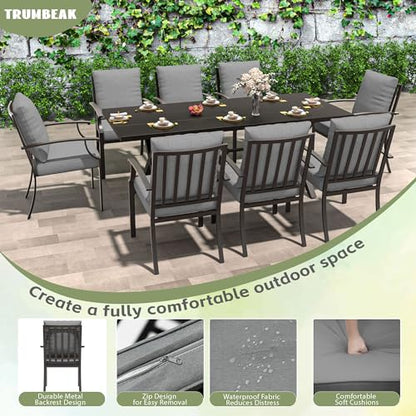 Trumbeak 9-Piece Patio Dining Set Outdoor Conversation Set,Metal Outdoor Furniture Set with Umbrella Hole Cut-Out 78.7" x 35.4" Table and 8 Metal Backrest Chairs for Backyard,Garden,Grey