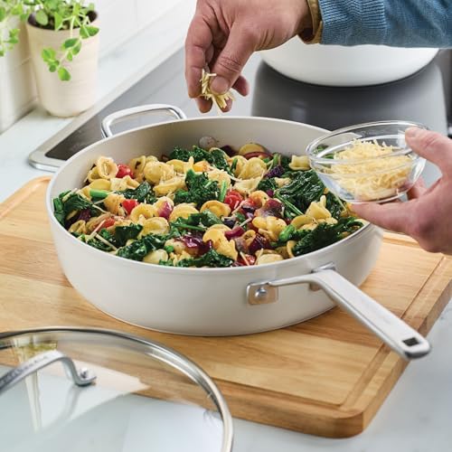 KitchenAid Hard Anodized Ceramic Induction Nonstick Cookware Saute Pan/Jumbo Cooker with Lid and Helper Handle, Dishwasher Safe, 5 Quart Sauteuse with Stainless Steel Handles - Porcelain White