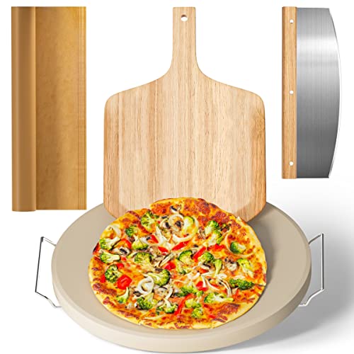 5 PCS Large Pizza Stone Set,Heavy Duty 16" Pizza Stone for Oven and Grill with Handle Rack,Pizza Peel(OAK), Pizza Cutter Rocker & Cooking Paper,Large Baking Stone for Pizza, Bread