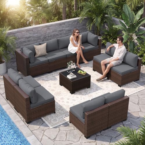 Aoxun 11-Piece Outdoor Furniture, Patio Furniture Sets with Thick Cushions, Wicker Conversation Set Sectional Sofa for Backyard, Poolside, Garden