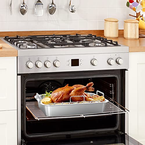 Onlyfire Roasting Pan with U-Rack - Stainless Steel Barbecue Bakeware Roaster, 16 Inch Rectangular Turkey Roaster Lasagna Pan for Roasting Turkey, Chicken, Meat & Vegetables, Oven Safe