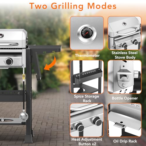 Electactic Propane Gas BBQ Grill 2-Burner Barbecue Grills with Cast Iron Frying Pan and Grates Combo, 16000 BTU Output Stainless Steel Grill for Outdoor Cooking, Patio, Backyard Party