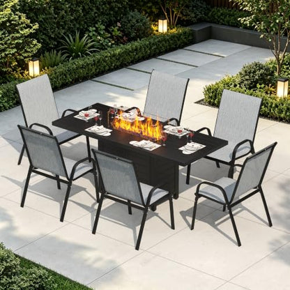 PIZZELLO 7 Pcs Outdoor Furniture Set w/ 60" Firepit and 6 Pieces Patio Chairs, 50,000 BTU Aluminum Gas Fire Table and Stackable Dining Chairs, Outdoor Conversation Dining Set of 6 for Backyard