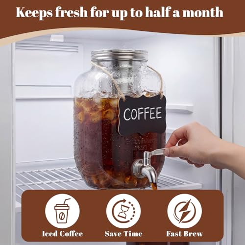 Acellegic 2 Pack 1 Gallon Cold Brew Coffee Maker Iced Coffee Maker with Stainless Steel Filter, Lid & Spigot Heavy Duty Glass Cold Brew Pitcher Drink Dispenser Thick Iced Tea Pitcher for Fridge