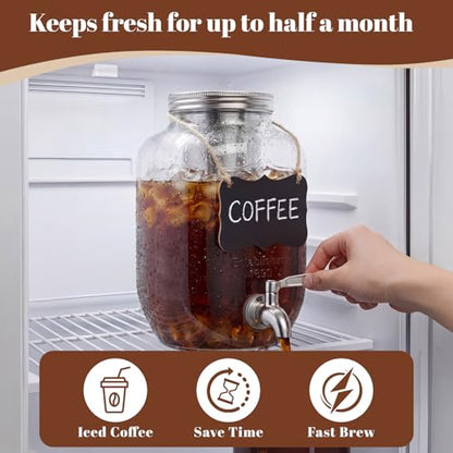 Acellegic 2 Pack 1 Gallon Cold Brew Coffee Maker Iced Coffee Maker with Stainless Steel Filter, Lid & Spigot Heavy Duty Glass Cold Brew Pitcher Drink Dispenser Thick Iced Tea Pitcher for Fridge