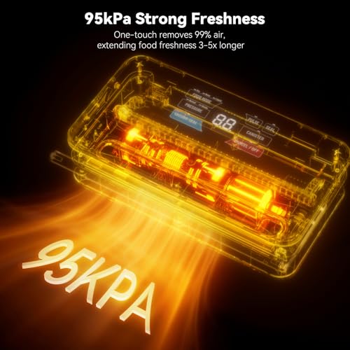 95Kpa Powerful Vacuum Sealer for Food, 10-in-1 Vacuum Sealer Machine with Easy Handle, Built-in Cutter and Roll Storage, Digital Countdown Display & Premium Stainless Steel for Long-Lasting Freshness