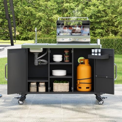 JIJIWANG 55.5" Black Kitchen Island with Sink, Metal Grill Cart Table with 304 Stainless Steel Sink, Outdoor Patio Bar Cart Sink Station with 4 Lockable Wheels for Pizza Prep L 55.5" x W 20" H 36.7"