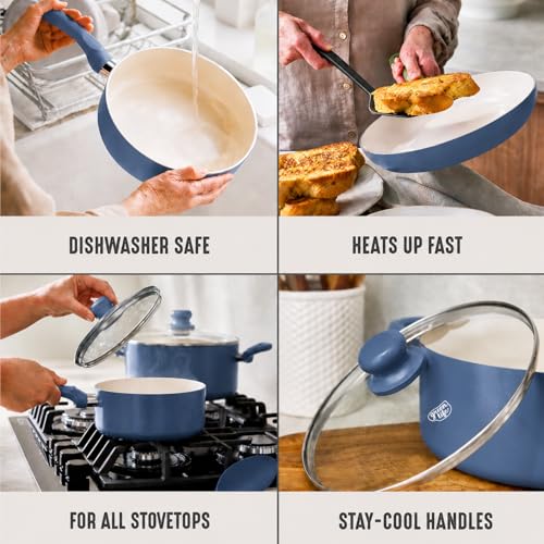 GreenLife 5 Quart Nonstick Stock Pot with Lid, Non-Toxic Ceramic Pot, Dishwasher Safe, Induction Ready, Fast Heating, Stay-Cool Handles, Kitchen Casserole, Soup, Pasta, Easy Clean, Slate Blue