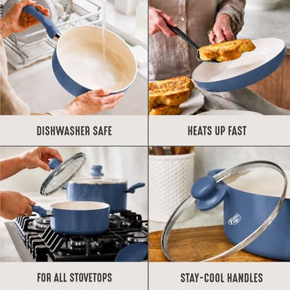 GreenLife 5 Quart Nonstick Stock Pot with Lid, Non-Toxic Ceramic Pot, Dishwasher Safe, Induction Ready, Fast Heating, Stay-Cool Handles, Kitchen Casserole, Soup, Pasta, Easy Clean, Slate Blue
