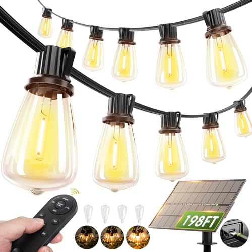 addlon 198FT(192+6) Solar String Lights Outdoor Waterproof, 60+4 LED Bulbs, Shatterproof Patio Lights with Remote, Dimmable & Timing, Hanging Lights for Garden Backyard Party Wedding Camping Decor