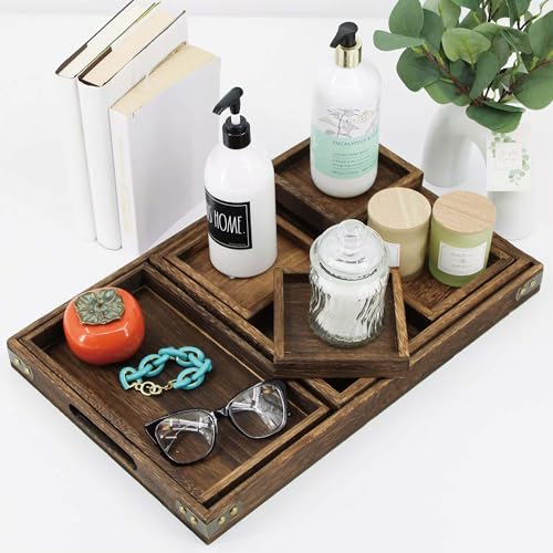 5-Piece Rustic Wooden Serving Tray Set, Handcrafted Nesting Trays with Handles for Ottoman & Coffee Table Decor, Lightweight Paulownia Wood Food Trays for Kitchen, Outdoor Picnic & Parties