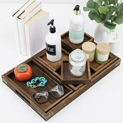 5-Piece Rustic Wooden Serving Tray Set, Handcrafted Nesting Trays with Handles for Ottoman & Coffee Table Decor, Lightweight Paulownia Wood Food Trays for Kitchen, Outdoor Picnic & Parties
