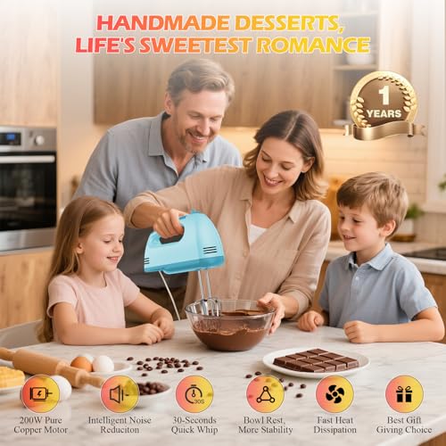 WADODO 7-Speed Electric Hand Mixer – Portable Food Mixer Kitchen Mixer with 304 *(1x Whisk, 2x Beater, 2x Dough hook) for Baking Cakes, Cream, Cookies, BLUE