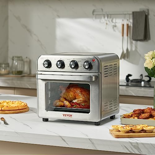 VEVOR 7-IN-1 Air Fryer Toaster Oven, 18L Convection Oven, 1800W Stainless Steel Toaster Ovens Countertop Combo with Grill, Pizza Pan, Gloves, 6 Slices Toast, 10-inch Pizza, Home Use