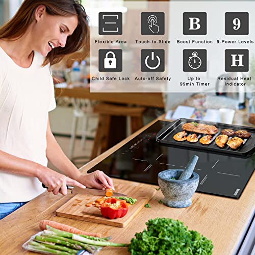Karinear Induction Cooktop 4 Burner, 7400W 24'' Built-in Induction Stovetop with Flex Zone,Child Safety Lock, Timer, Boost, Slider Control Black Glass Electric Cooktop 240V Hard Wire(come with a pot)