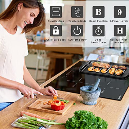Karinear Induction Cooktop 4 Burner, 7400W 24'' Built-in Induction Stovetop with Flex Zone,Child Safety Lock, Timer, Boost, Slider Control Black Glass Electric Cooktop 240V Hard Wire(come with a pot)