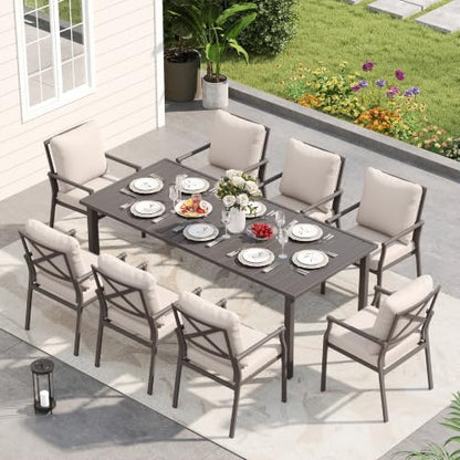 HAPPATIO Patio Dining Set, Metal Outdoor Table and Chairs Set for 8, Powder-Coated Metal Chairs with Thickened Cushions, 60" Rectangular Table with 1.5" Umbrella Hole for Deck Yard Lawn