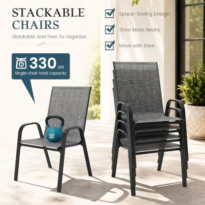PATIOPIA 7PCS Patio Dining Set, Steel Table & 6 Textilene Chairs, Charcoal