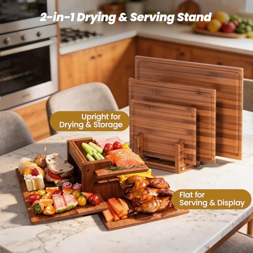 Bamboo Cutting Board Set with Stand, 3PCS Double-Sided Chopping Boards for Kitchen Meal Prep & Serving, Charcuterie, Juice Grooves & Side Handle, Ideal for Meat, Vegetables, Kitchen Essentials, Brown