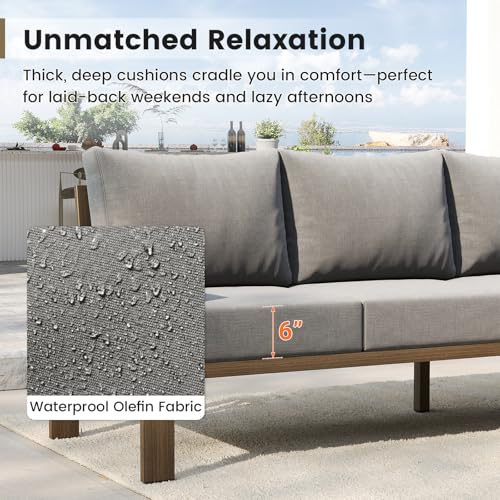 UDPATIO 6 Piece Patio Furniture Set, Faux Wood Metal Outdoor Sectional Sofa with 6" Thick Olefin Cushions, Wide Armrest & Coffee Table, L Shaped Outdoor Furniture for Garden, Backyard Dark Grey