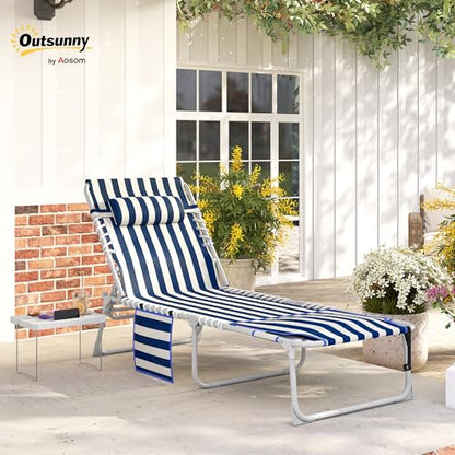 Outsunny Tanning Chair with Face Hole, Side Table, 5-Position Reclining Folding Chaise Lounge Chair Outdoor Lounger Recliner, Carry Straps for Beach Pool Camp, Oxford Fabric, Blue and White