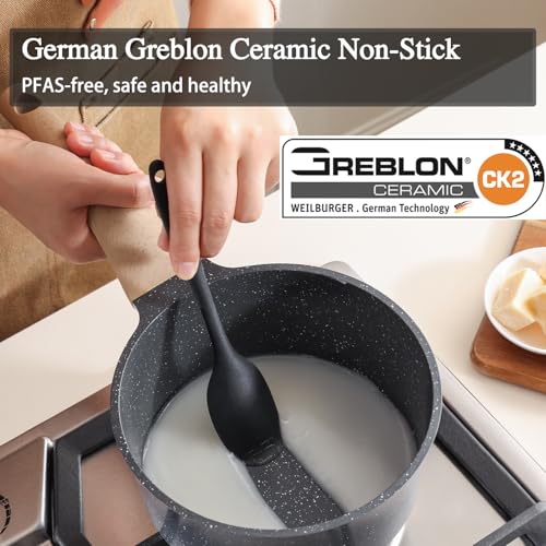 AnimoZest Nonstick Saucepan with Lid, 2 Quart German Greblon Ceramic Sauce Pan, Non Toxic Sauce Pot with Cover for Multipurpose Use, PTFE, PFOA & PFAS Free, Induction Compatible.