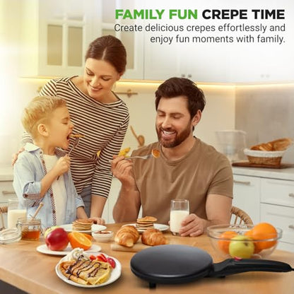 Nutrichef Electric Crepe Maker | 8-inch Nonstick Cooktop with On/Off Switch | Cooks Roti, Tortillas & Pancakes | Automatic Temperature Control & Cool Touch Handle | Includes Food Bowl, Whisk & Spatula