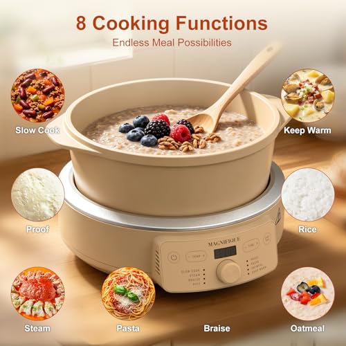 MAGNIFIQUE Slow Cooker, 4.5 Quart 8-in-1 Clay Pot Multi-Cooker, Non-Toxic Slow Cooker with Removable Clay Pot, for Rice, Pasta, Steam & Proof, Nonstick, Oven Safe Pot to 500°F, Brown