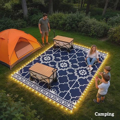 Outsunny Reversible Outdoor Rug Carpet with LED Lights, 12' x 9' PP Straw Rug, Portable RV Camping Mat with Carry Bag and Ground Stakes for Backyard, Deck, Picnic, Beach, Dark Blue and White
