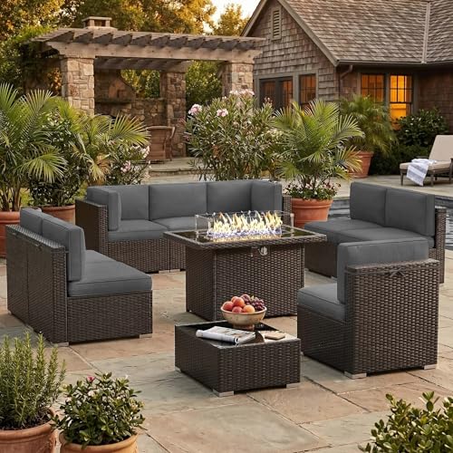 Vakollia 10 Pieces Patio Furniture Set with 44" Propane Gas Fire Pit Table