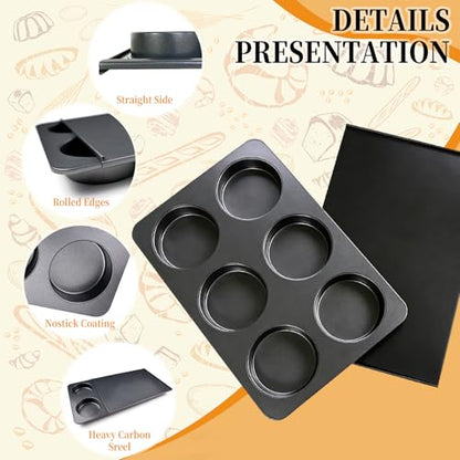 Elesinsoz 6 Cup Straight Side Jumbo English Muffin Cupcake Pan with Lid, Nonstick Hamburger Burger Bun Mold Muffin Pan for Baking Egg Sandwich Frittata Cinnamon Roll Focaccia Quiche Pancake