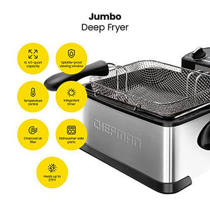Chefman 4.5 Liter Deep Fryer w/Basket Strainer, XL Jumbo Size, Adjustable Temperature & Timer, Perfect for Fried Chicken, Shrimp, French Fries, Chips & More, Removable Oil-Container, Stainless Steel